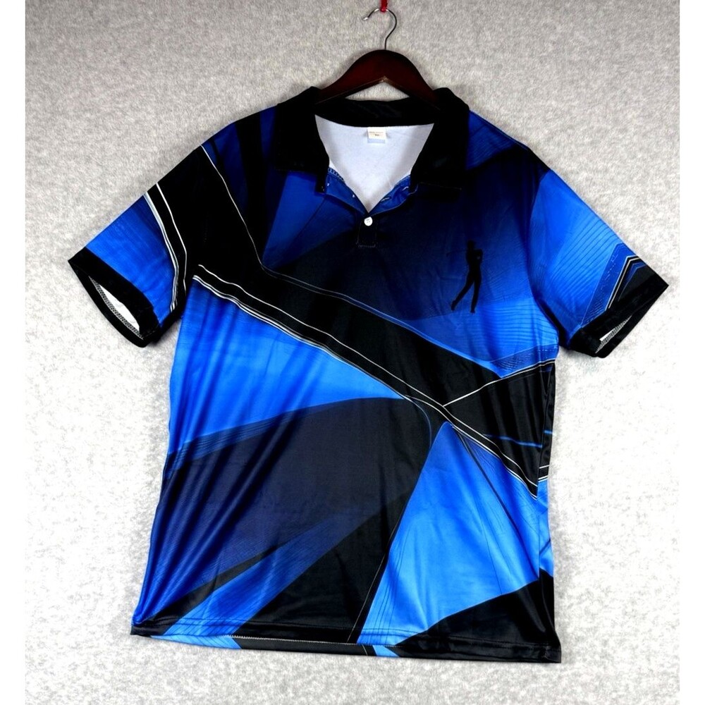Mens XL Geometric Graphic Polo Shirt, Short Sleeve Stretch, Blue and Black